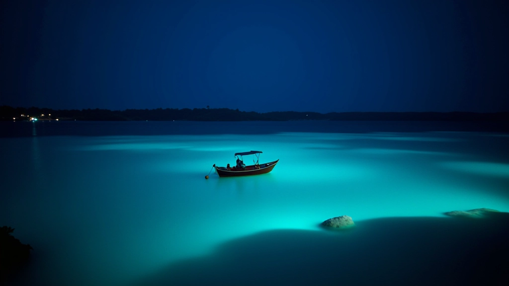 Vista nocturna de la Bahía Bioluminiscente con agua brillante y cielo estrellado