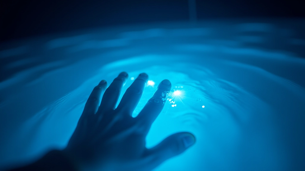 Mano tocando el agua brillante con organismos bioluminiscentes