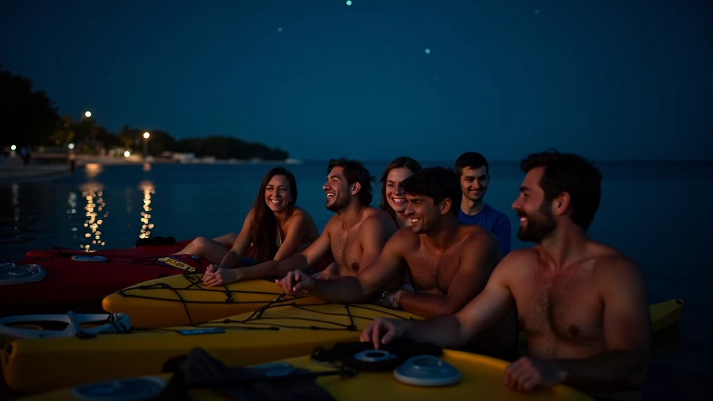 Grupo diverso de turistas sonriendo durante descanso en kayak, disfrutando agua calma bajo estrellas