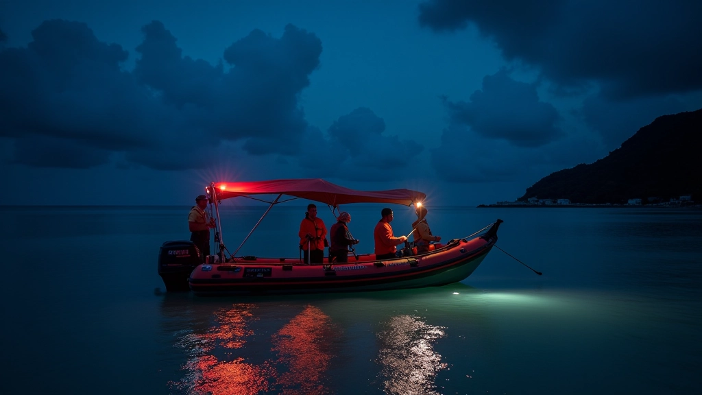 Equipo de seguridad para paseo nocturno: chalecos salvavidas y luces de emergencia en la bahía