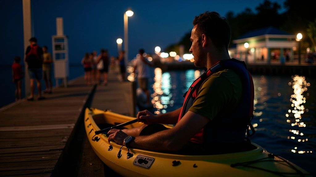 Guía experimentado demostrando técnicas de kayak seguro a grupo de turistas en dock nocturno iluminado