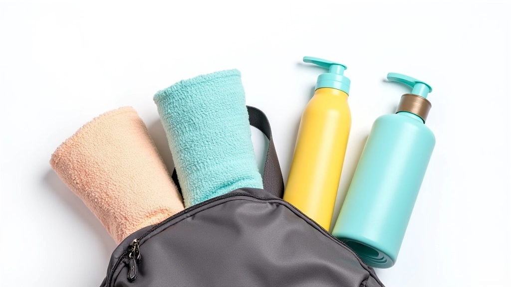 Bolsa de viaje preparada con artículos para el paseo nocturno, toalla roja, protector solar y accesorios de playa sobre superficie blanca